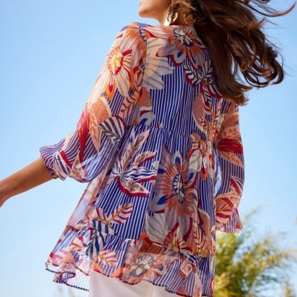 Soft Surroundings Tory Tunic – Floral Stripe Crinkle Chiffon Blouse (Size PL) - Picture 2 of 7